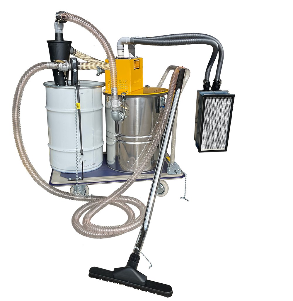Twin cyclone ATEX vacuum, 75 CFM air-operated with H-Class HEPA exhaust filtration