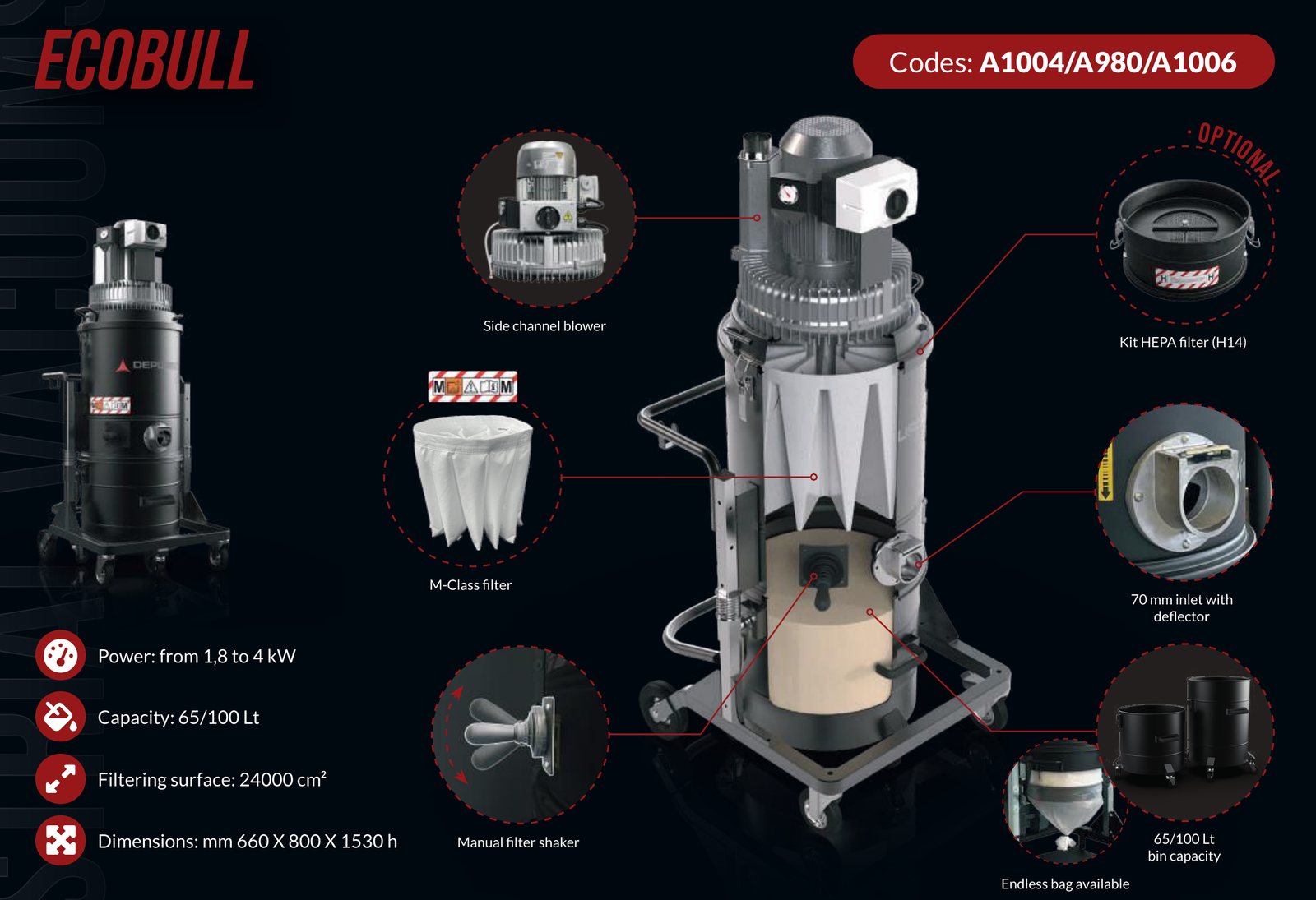 Depureco Ecobull M / T / Plus cutaway showing motor, filter, inlet and collection bin
