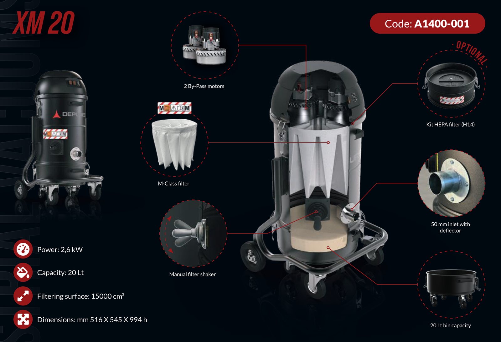 Depureco XM 20 cutaway showing motor, filter, inlet and collection bin