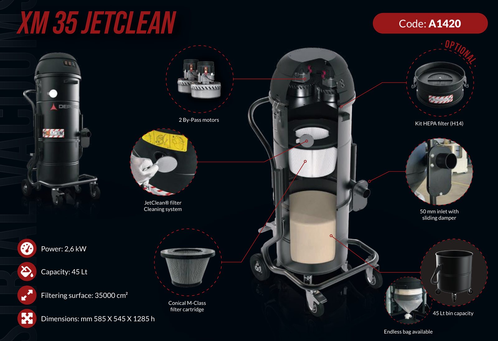 Depureco XM 35 JetClean cutaway showing motor, filter, inlet and collection bin